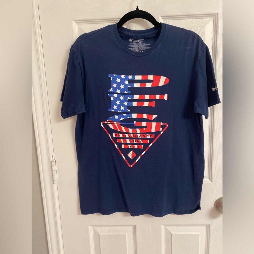 Columbia PFG Logo Fishing Shirt USA Themed T-Shirt Navy Large